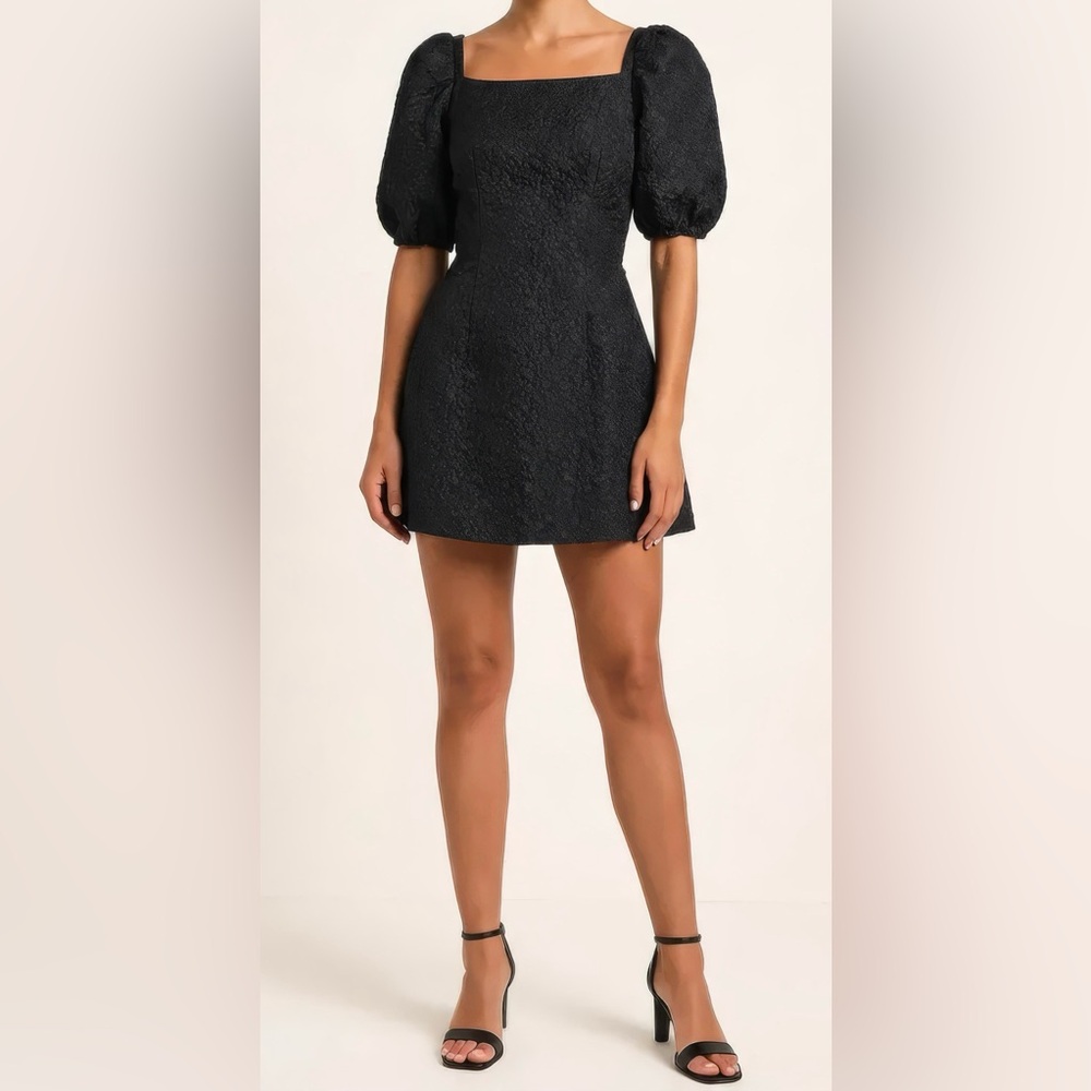 Square Neck Puff Sleeve Black Mini Dress
